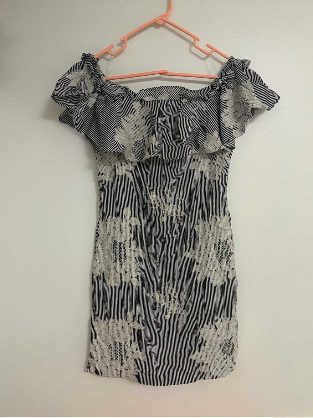 Ralph Lauren Black & White Striped Off-Shoulder Floral Dress